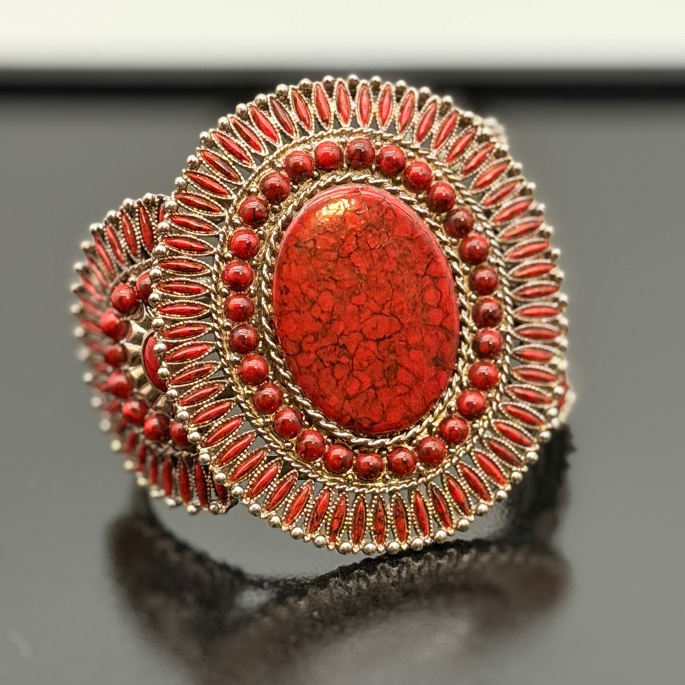 Southwestern Style Red Faux Coral Silver Tone Statement Cuff Bracelet Sunburst